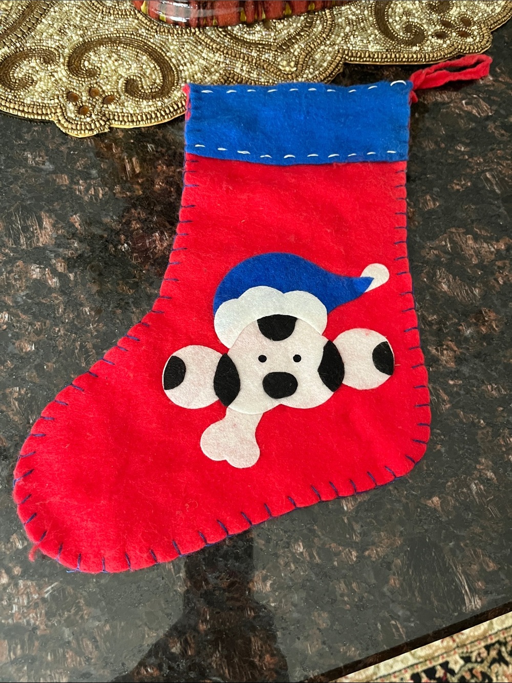 Handmade Red Felt Christmas Stocking with Puppy Appliqué